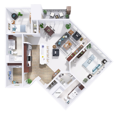 Floor plan for 2 beds, 2 baths, 1261 sqft